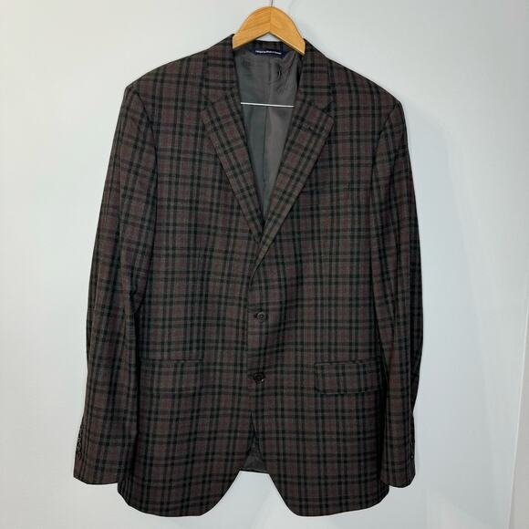 Coppley Esquire Mens Grey Plaid Multi Two Button Wool Blazer Jacket Classic 44T - Picture 1 of 11